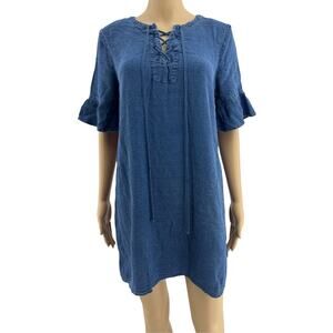Old Navy SMALL Blue Woven Ruffle Flare Short Sleeve Lace Up Mini Shift Dress